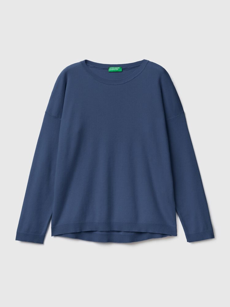 Benetton Katoenen Round Neck Truien Dames Blauw | BE532904