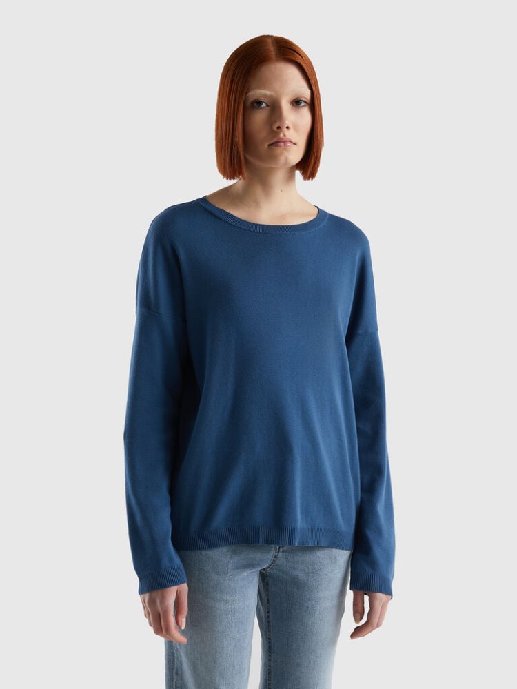 Benetton Katoenen Round Neck Truien Dames Blauw | BE532904