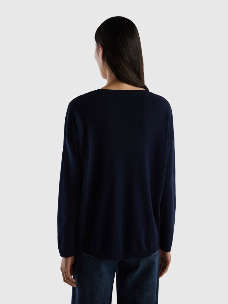 Benetton Katoenen Round Neck Truien Dames Donkerblauw | BE879601