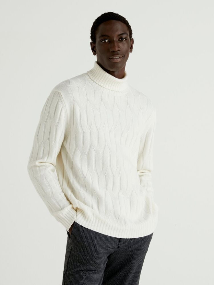 Benetton Knit Cashmere And Wol Blend High Neck Sweaters Heren Wit | BE810425