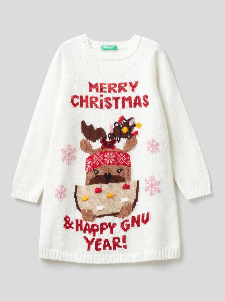 Benetton Knit Christmas Jurken Kinderen Wit | BE331756