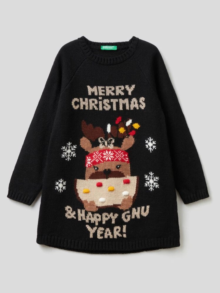 Benetton Knit Christmas Jurken Kinderen Zwart | BE582662