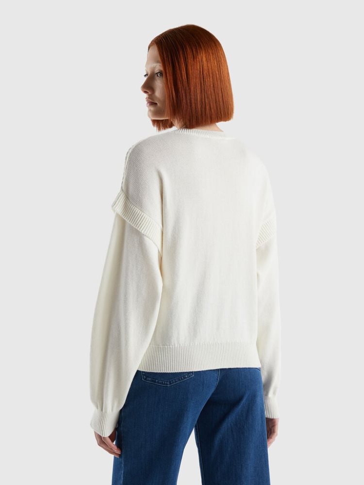 Benetton Knit Flaps Crew Neck Sweaters Dames Wit | BE164633