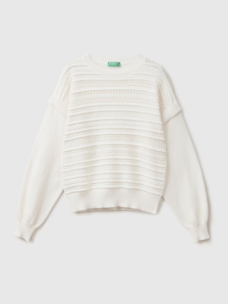 Benetton Knit Flaps Crew Neck Sweaters Dames Wit | BE164633