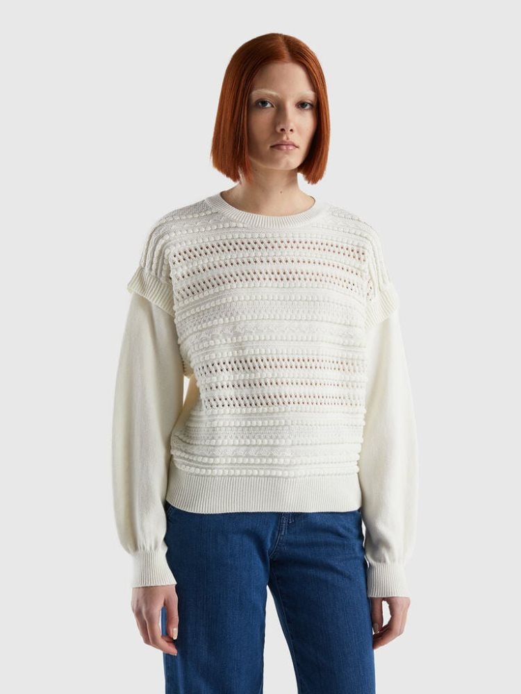 Benetton Knit Flaps Crew Neck Sweaters Dames Wit | BE164633