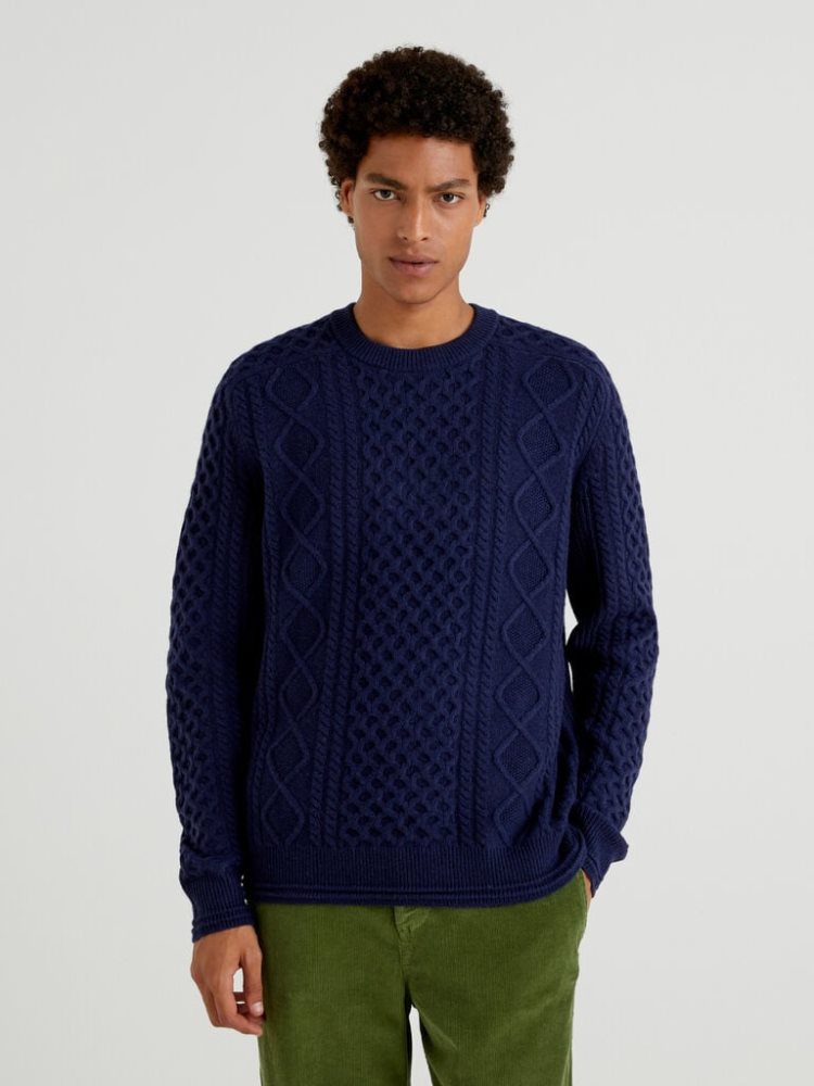 Benetton Knit Wol Blend Crew Neck Sweaters Heren Donkerblauw | BE808936