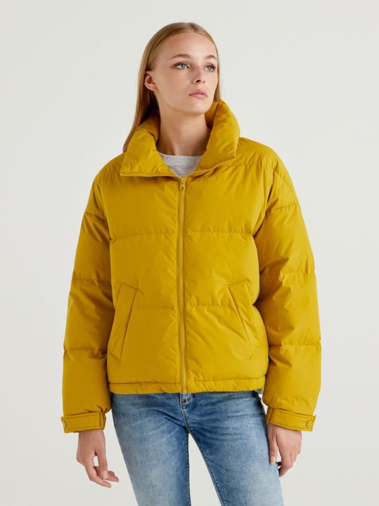 Benetton Kort Gewatteerd High Neck Puffer Jackets Dames Geel | BE711630