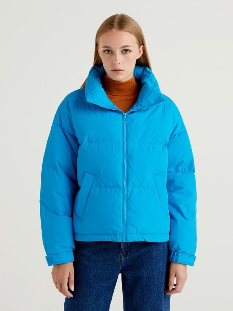 Benetton Kort Gewatteerd High Neck Puffer Jackets Dames Turquoise | BE956460