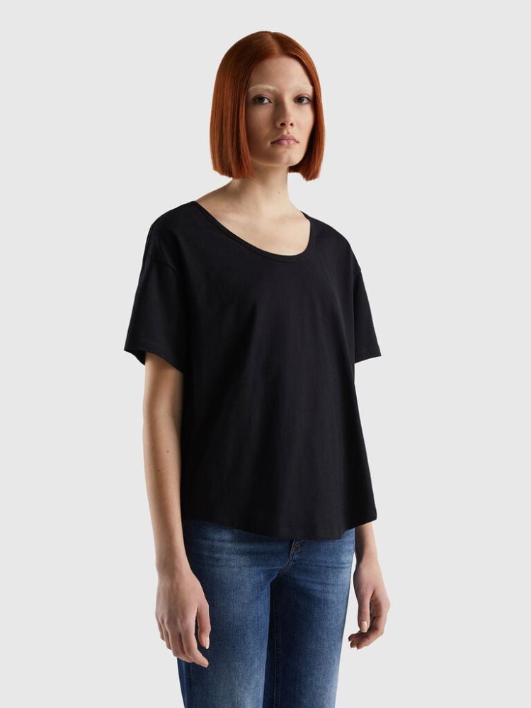 Benetton Kort Sleeve Lichtgewicht Katoenen T-shirts Dames Zwart | BE536039