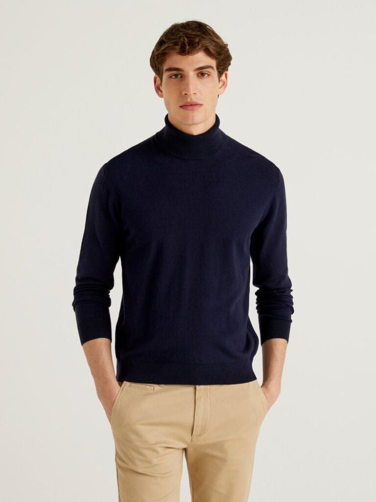 Benetton Lichtgewicht Katoenen Blend Turtleneck High Neck Sweaters Heren Donkerblauw | BE491724