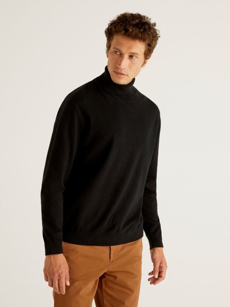 Benetton Lichtgewicht Katoenen Blend Turtleneck High Neck Sweaters Heren Zwart | BE541820