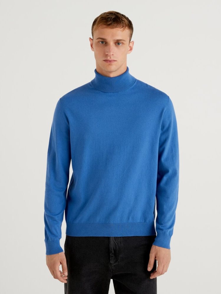 Benetton Lichtgewicht Katoenen Blend Turtleneck High Neck Sweaters Heren Blauw | BE914334