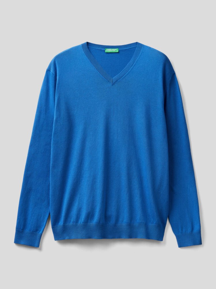 Benetton Lichtgewicht Katoenen Blend V-neck Truien Heren Blauw | BE501293