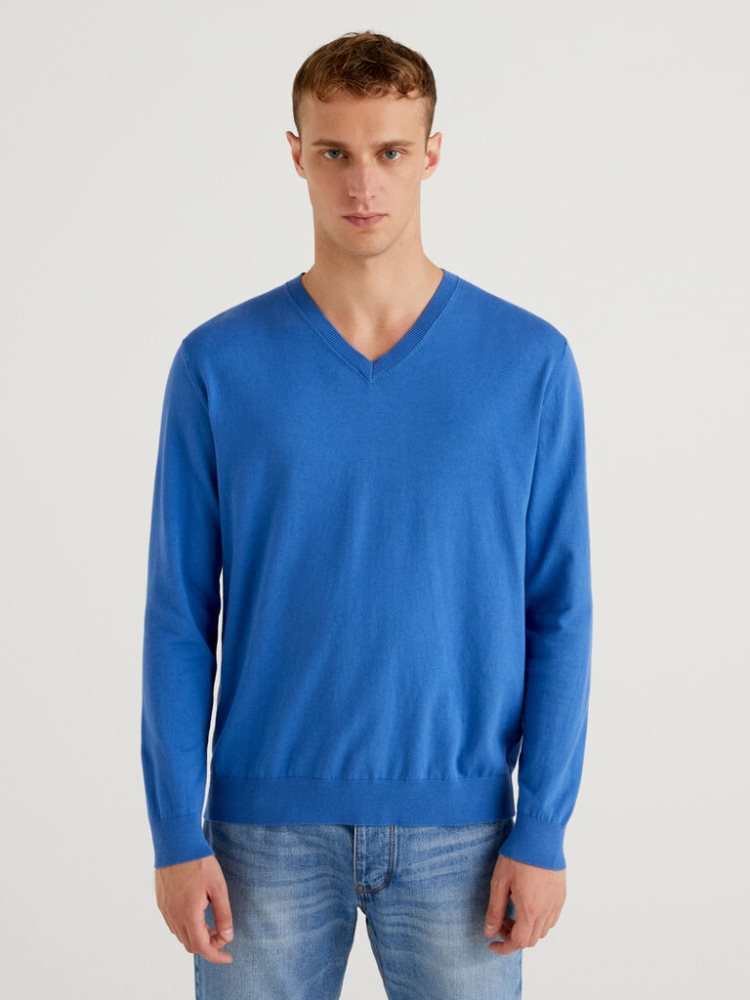 Benetton Lichtgewicht Katoenen Blend V-neck Truien Heren Blauw | BE501293