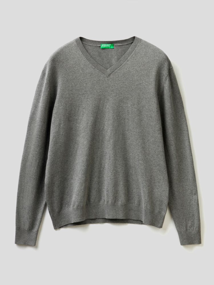 Benetton Lichtgewicht Katoenen Blend V-neck Truien Heren Donkergrijs | BE578729