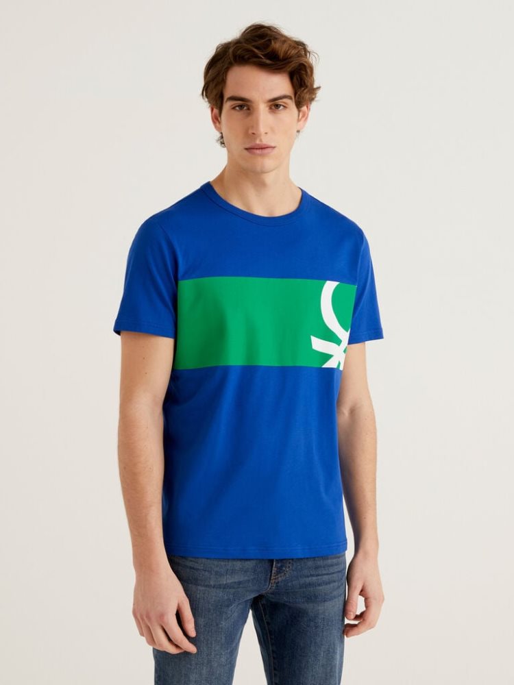 Benetton Logo Print Short Sleeve T-shirts Heren Blauw | BE477983