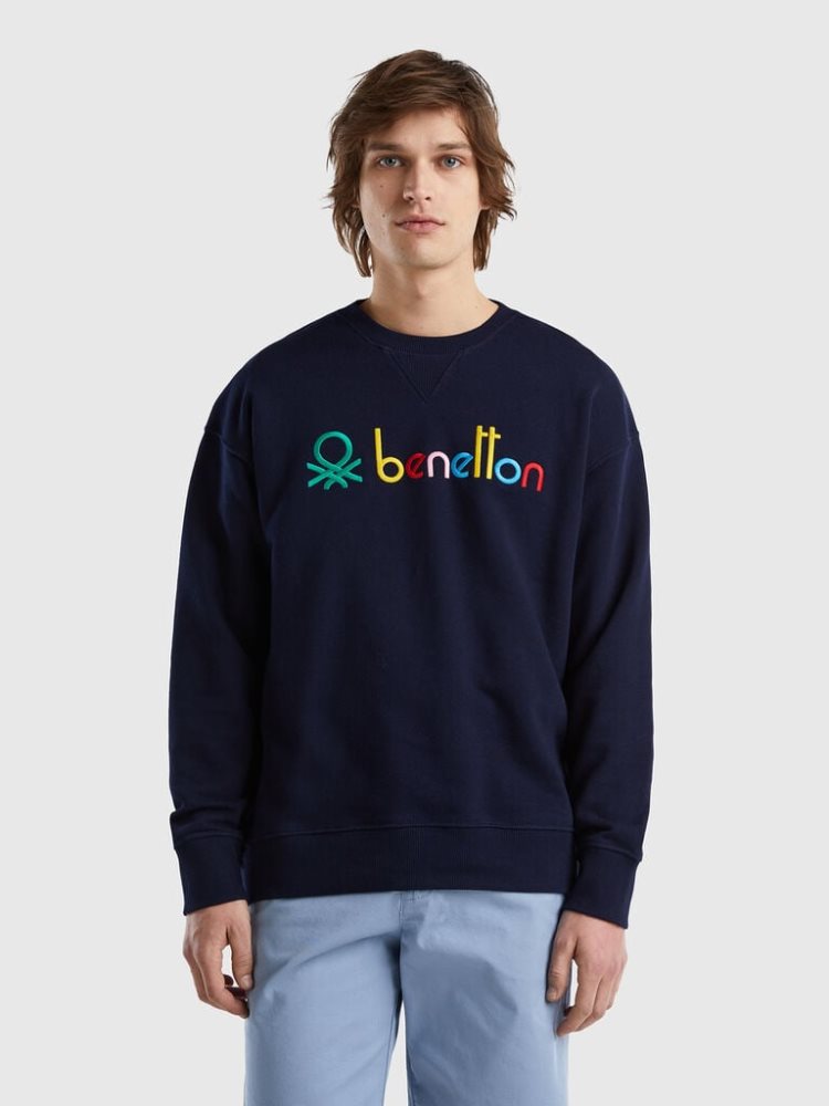 Benetton Logoed 100% Katoenen Sweatshirt Heren Donkerblauw | BE157065