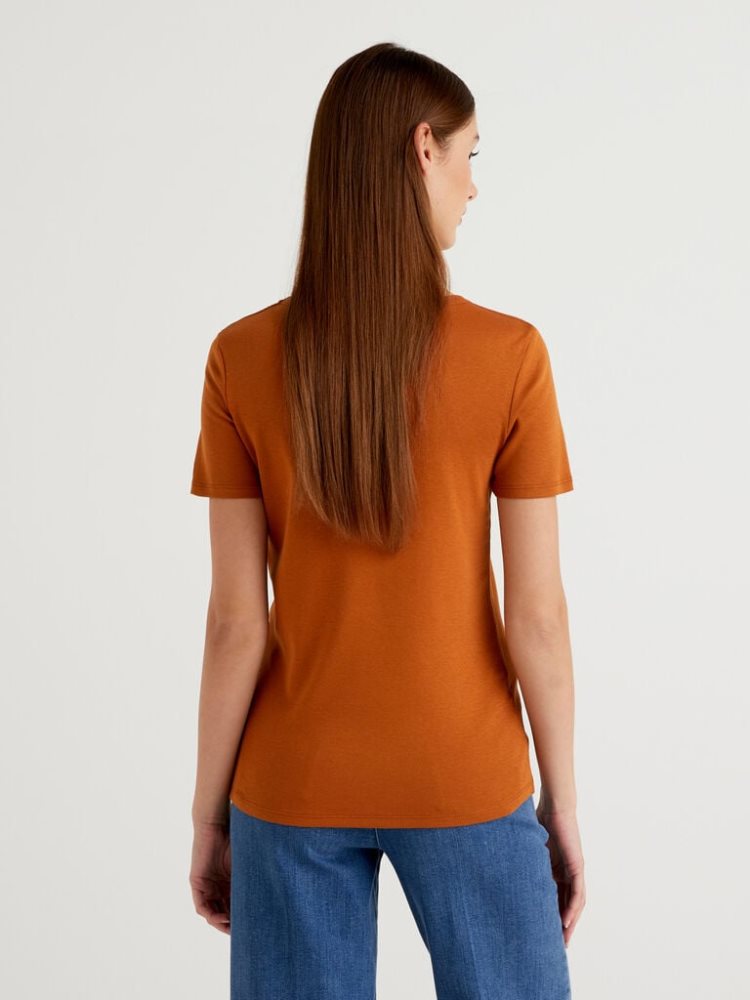 Benetton Long Fiber Katoenen Short Sleeve T-shirts Dames Burnt | BE059090