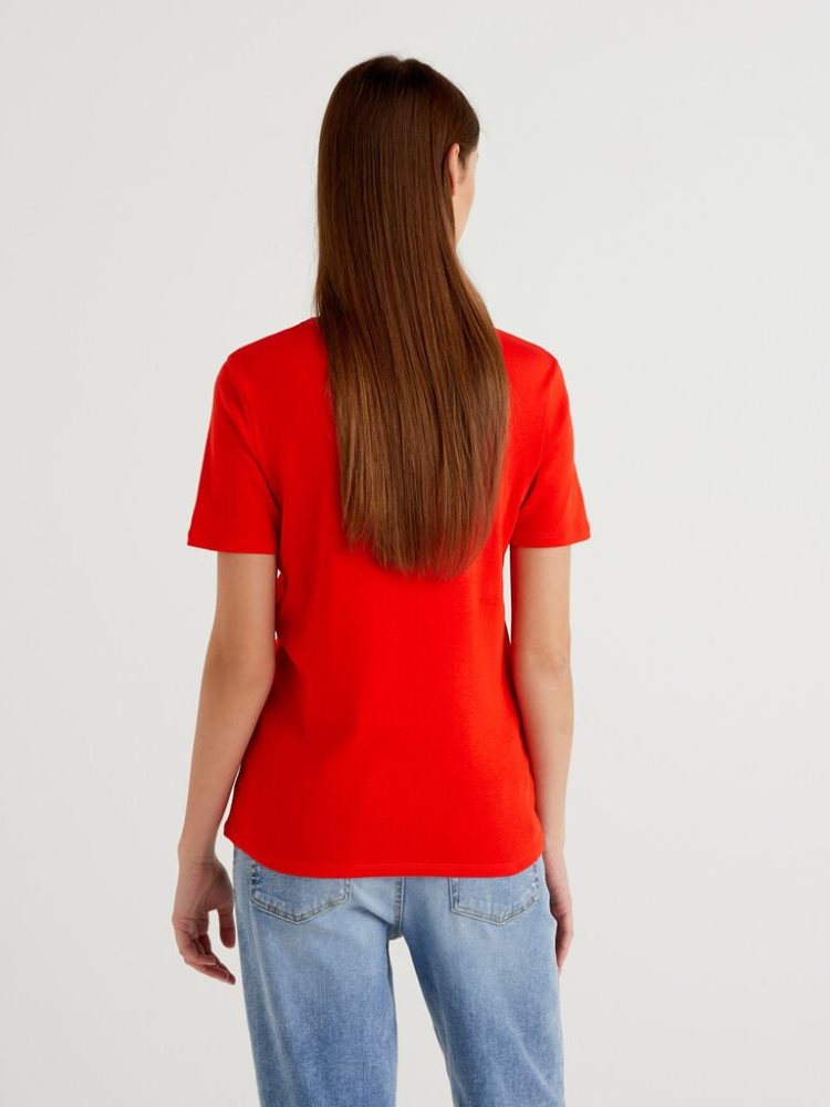 Benetton Long Fiber Katoenen Short Sleeve T-shirts Dames Rood | BE079989