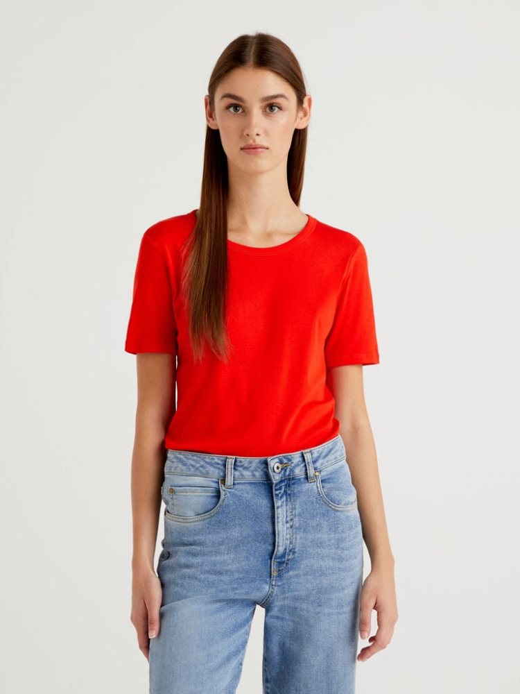 Benetton Long Fiber Katoenen Short Sleeve T-shirts Dames Rood | BE079989