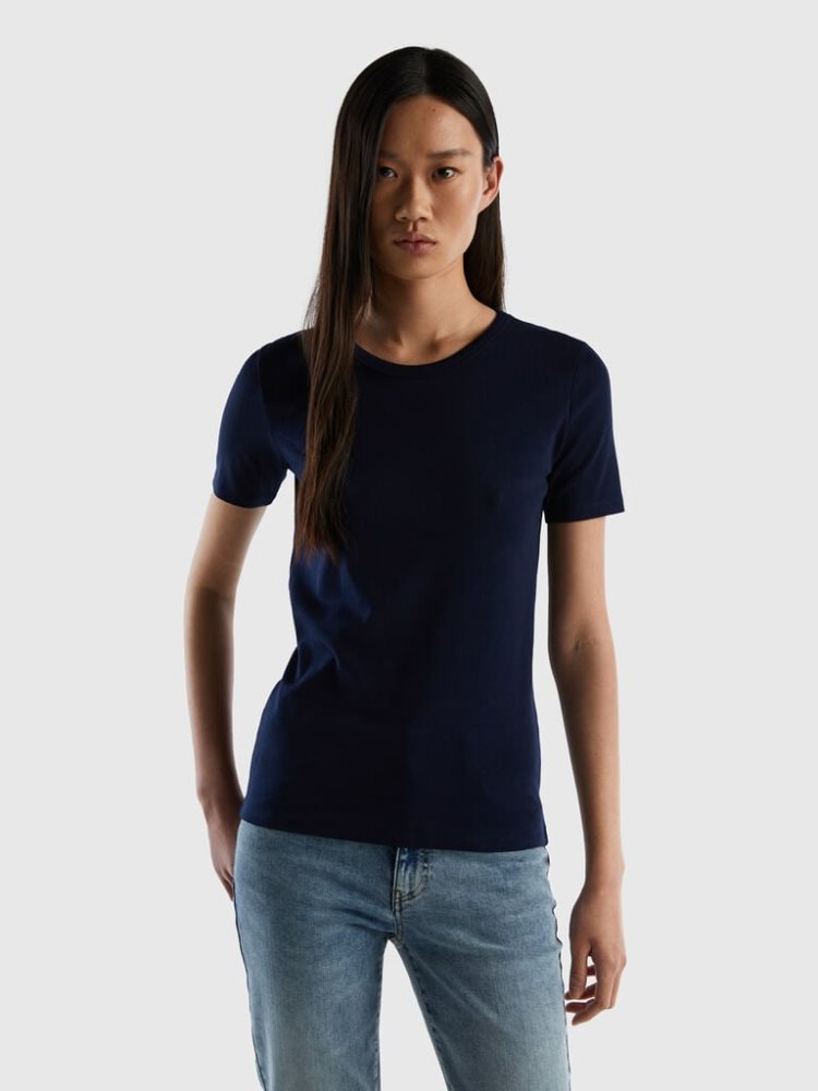 Benetton Long Fiber Katoenen Short Sleeve T-shirts Dames Donkerblauw | BE171138