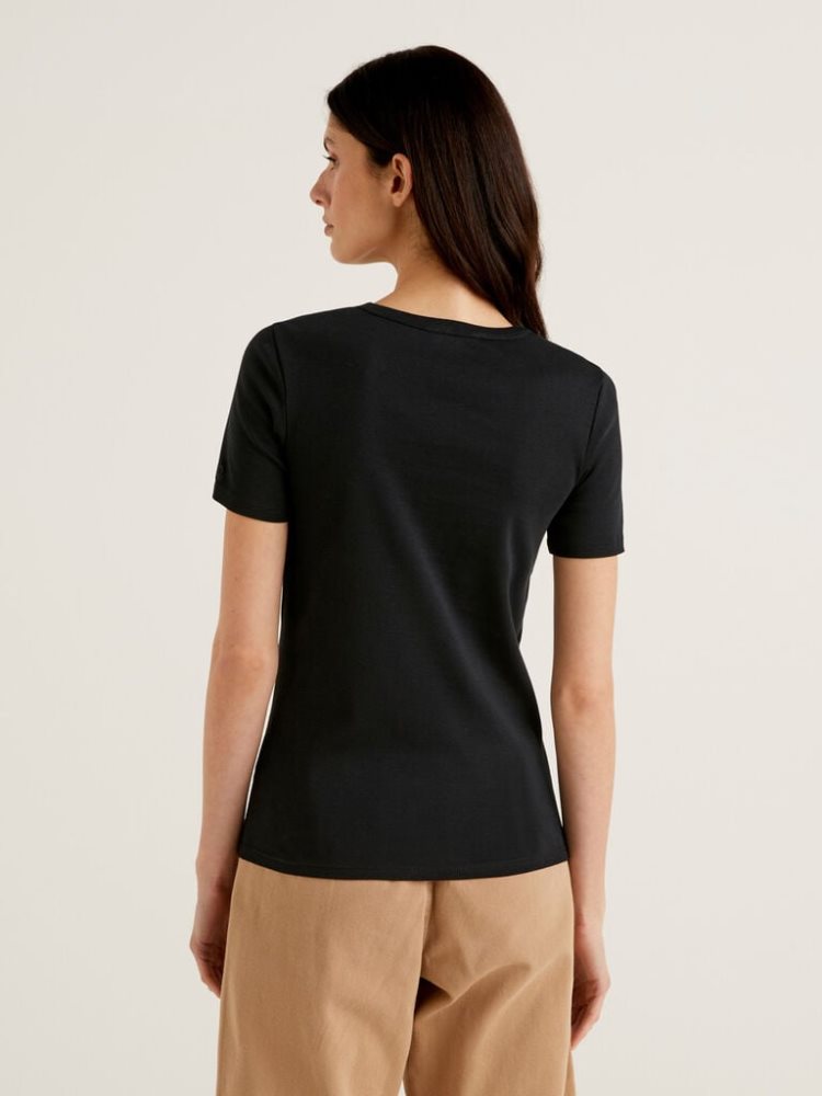 Benetton Long Fiber Katoenen Short Sleeve T-shirts Dames Zwart | BE328636