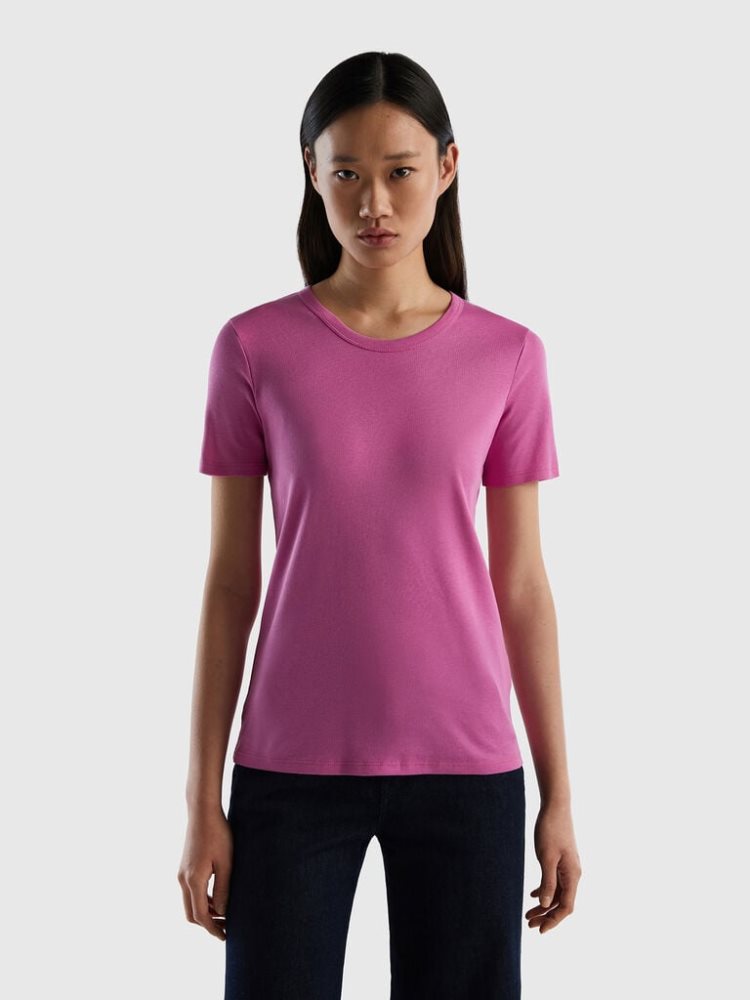 Benetton Long Fiber Katoenen Short Sleeve T-shirts Dames Roze | BE706572