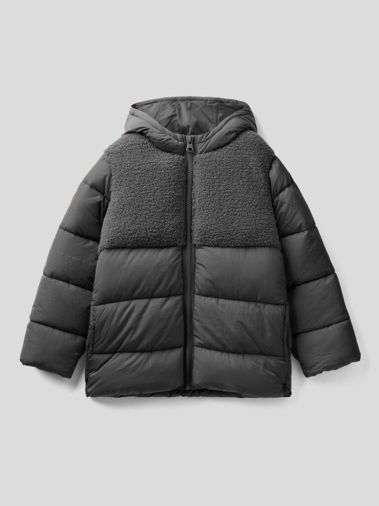 Benetton Long Nylon And Fur Padded Jackets Kinderen Donkergrijs | BE869558