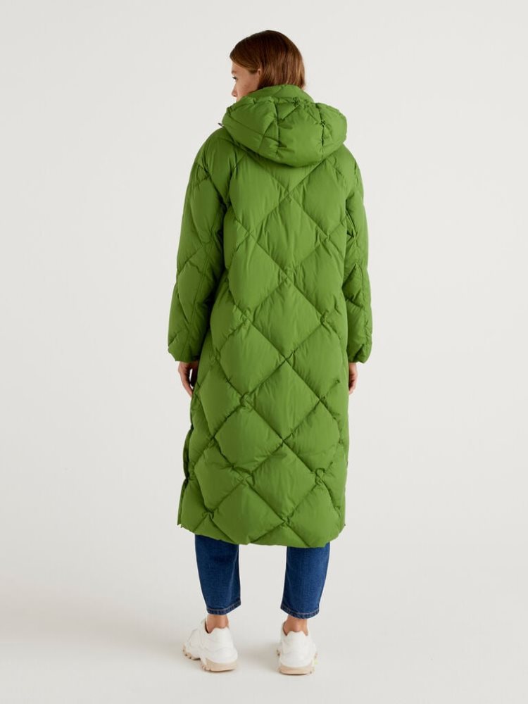 Benetton Long Puffer Recycled Feathers Jassen Dames Olijfgroen Groen | BE820557