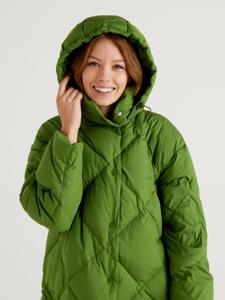 Benetton Long Puffer Recycled Feathers Jassen Dames Olijfgroen Groen | BE820557