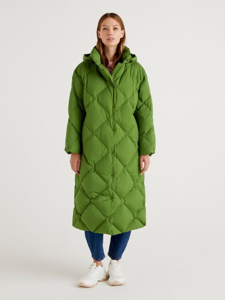 Benetton Long Puffer Recycled Feathers Jassen Dames Olijfgroen Groen | BE820557