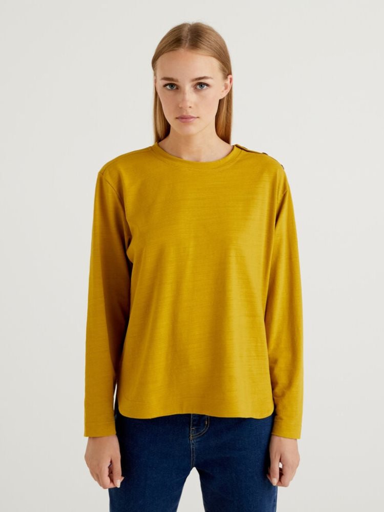 Benetton Long Sleeve Buttons T-shirts Dames Geel | BE233238