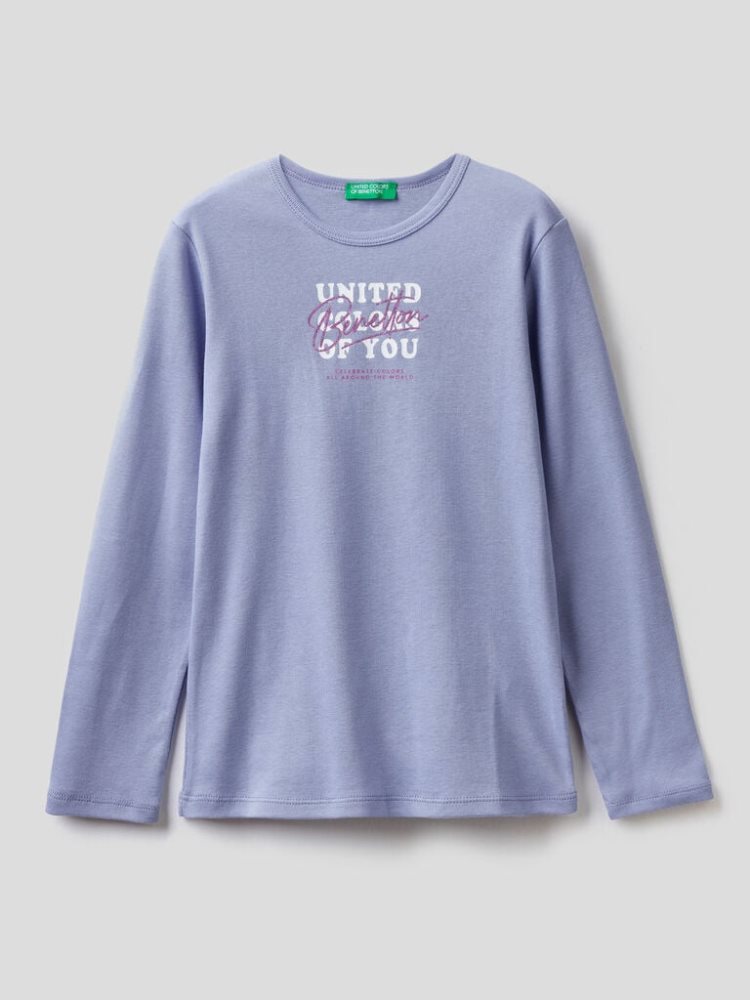 Benetton Long Sleeve Glitter Print T-shirts Kinderen Lilac | BE121679