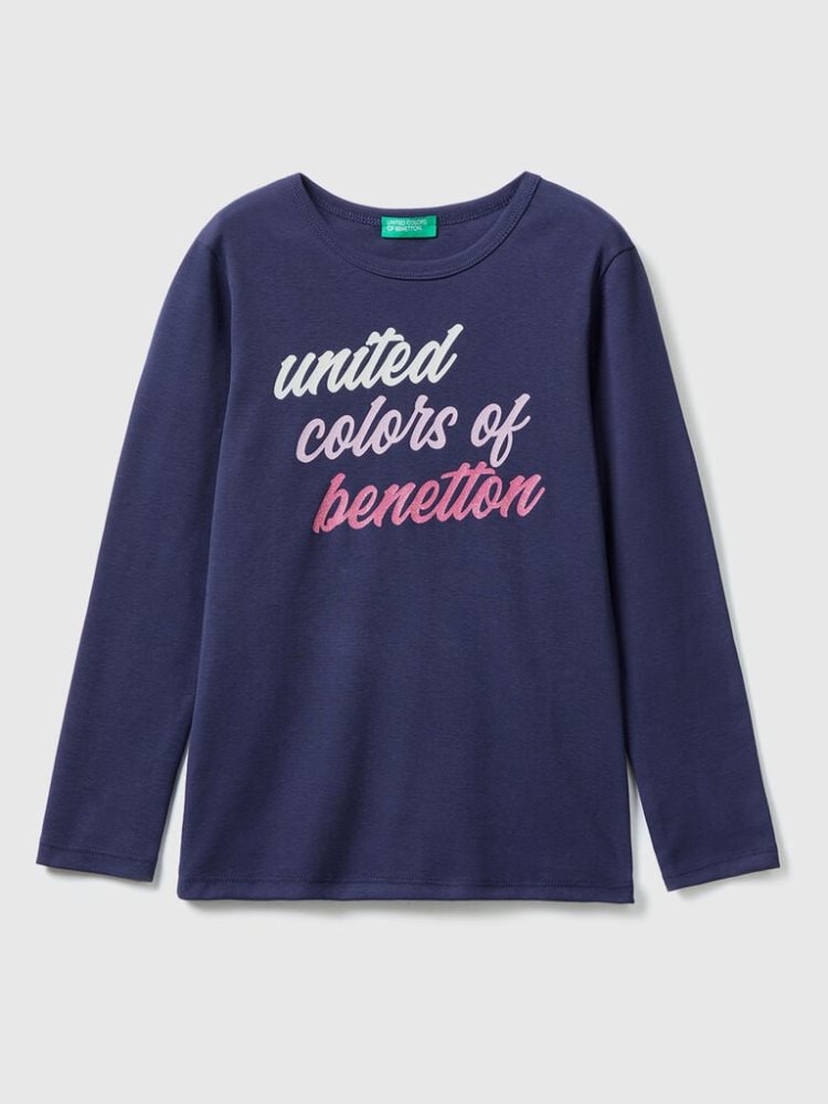 Benetton Long Sleeve Glitter Print T-shirts Kinderen Donkerblauw | BE166768