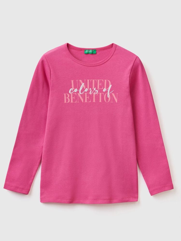 Benetton Long Sleeve Glitter Print T-shirts Kinderen Fuchsie | BE251638