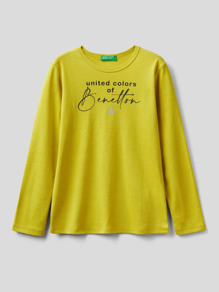 Benetton Long Sleeve Glitter Print T-shirts Kinderen Geel | BE252117