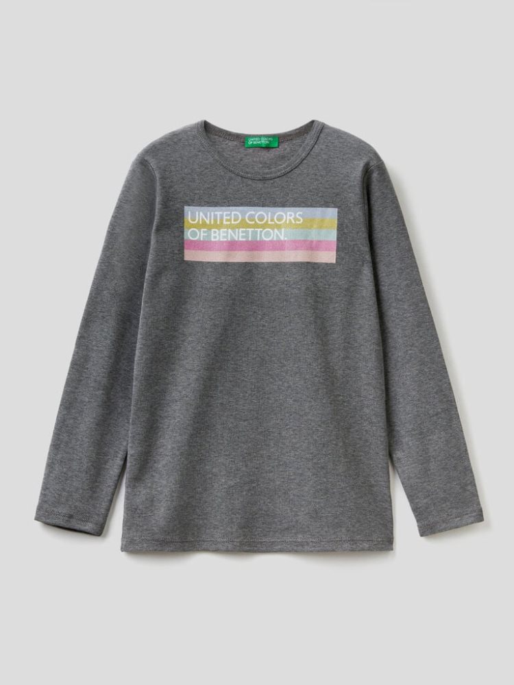 Benetton Long Sleeve Glitter Print T-shirts Kinderen Donkergrijs | BE329383