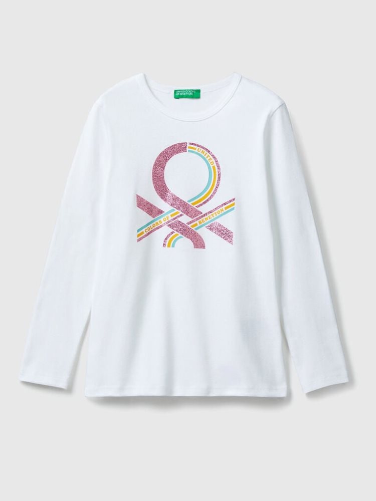 Benetton Long Sleeve Glitter Print T-shirts Kinderen Wit | BE378621