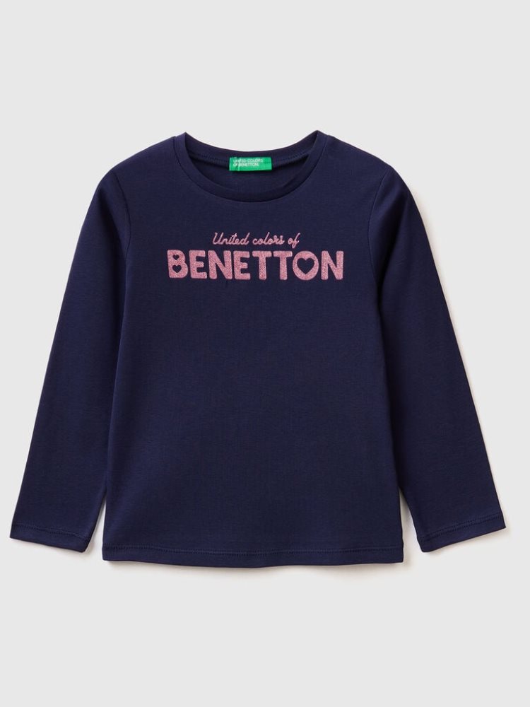 Benetton Long Sleeve Glitter Print T-shirts Kinderen Donkerblauw | BE408991