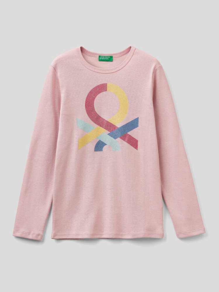 Benetton Long Sleeve Glitter Print T-shirts Kinderen Roze | BE441226