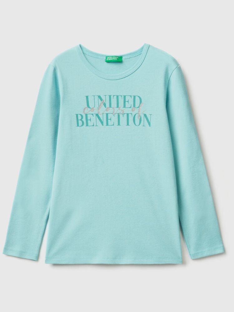 Benetton Long Sleeve Glitter Print T-shirts Kinderen Aqua | BE462677