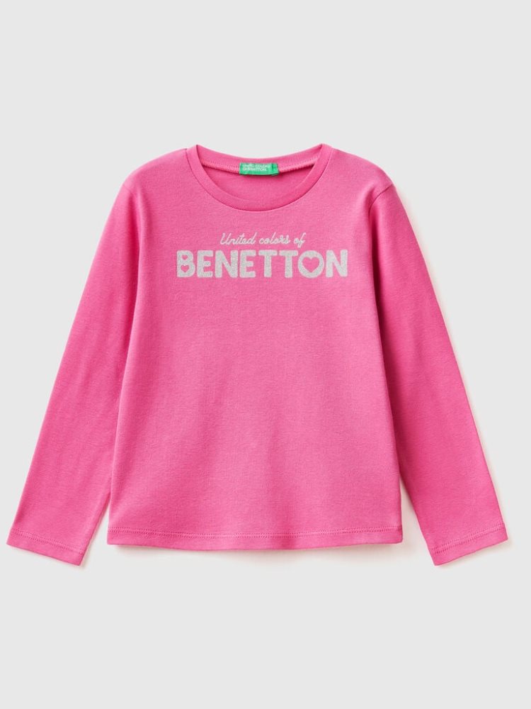 Benetton Long Sleeve Glitter Print T-shirts Kinderen Fuchsie | BE510009