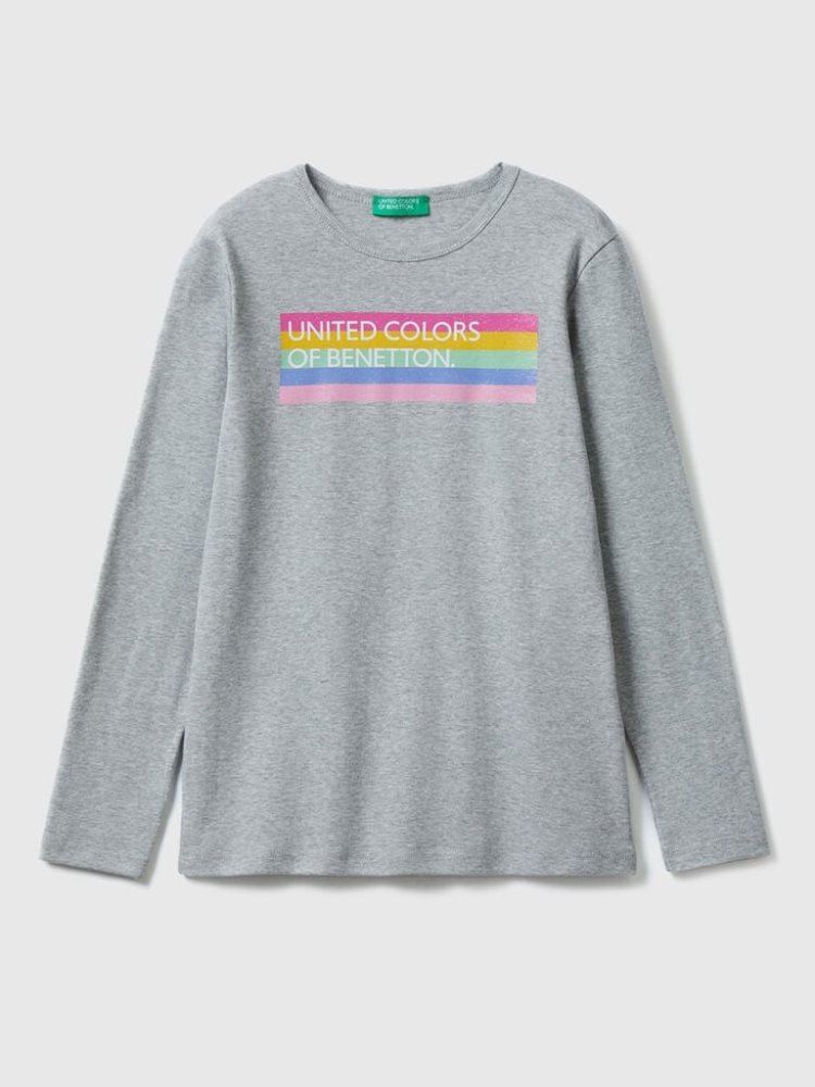 Benetton Long Sleeve Glitter Print T-shirts Kinderen Lichtgrijs | BE594930