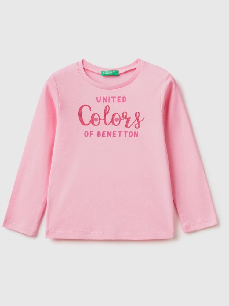 Benetton Long Sleeve Glitter Print T-shirts Kinderen Roze | BE633486