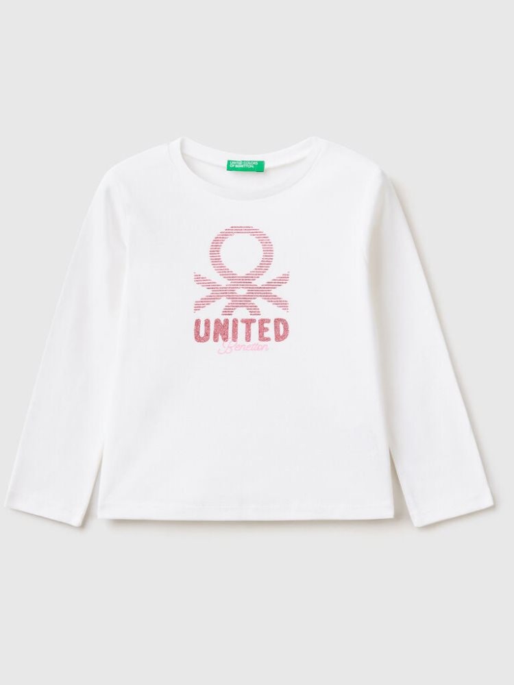 Benetton Long Sleeve Glitter Print T-shirts Kinderen Wit | BE666975