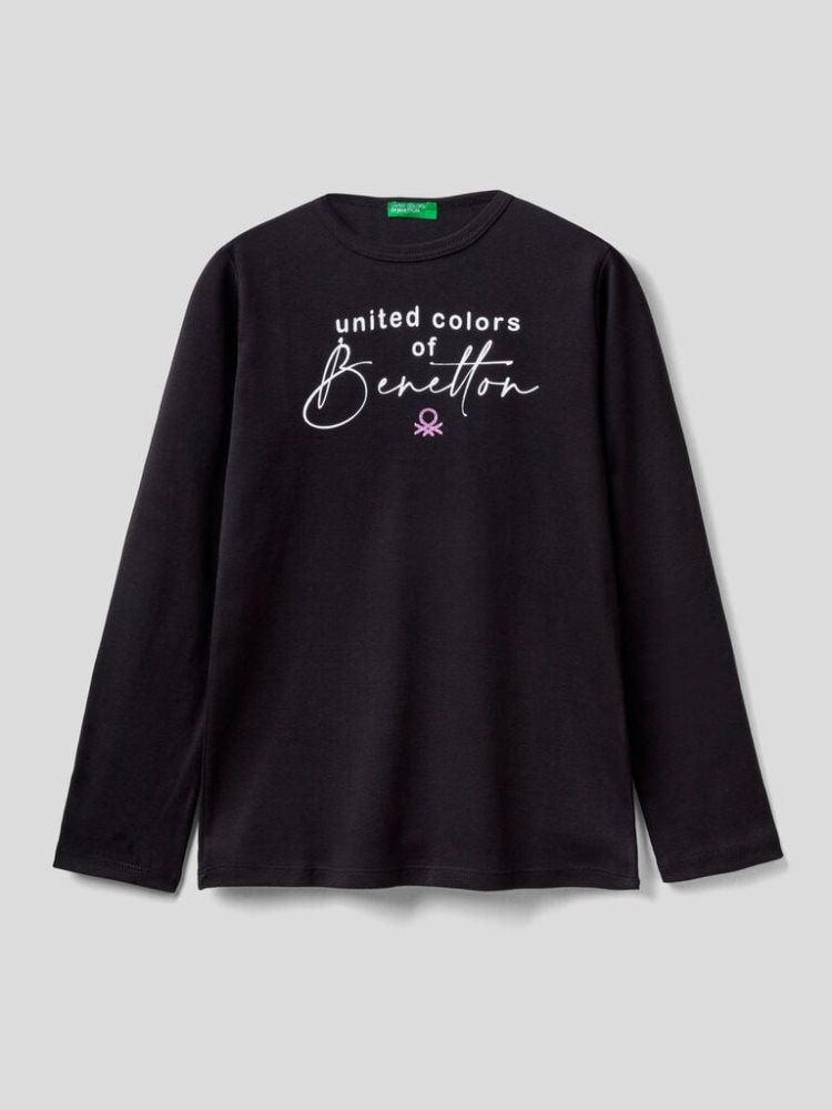 Benetton Long Sleeve Glitter Print T-shirts Kinderen Zwart | BE849931