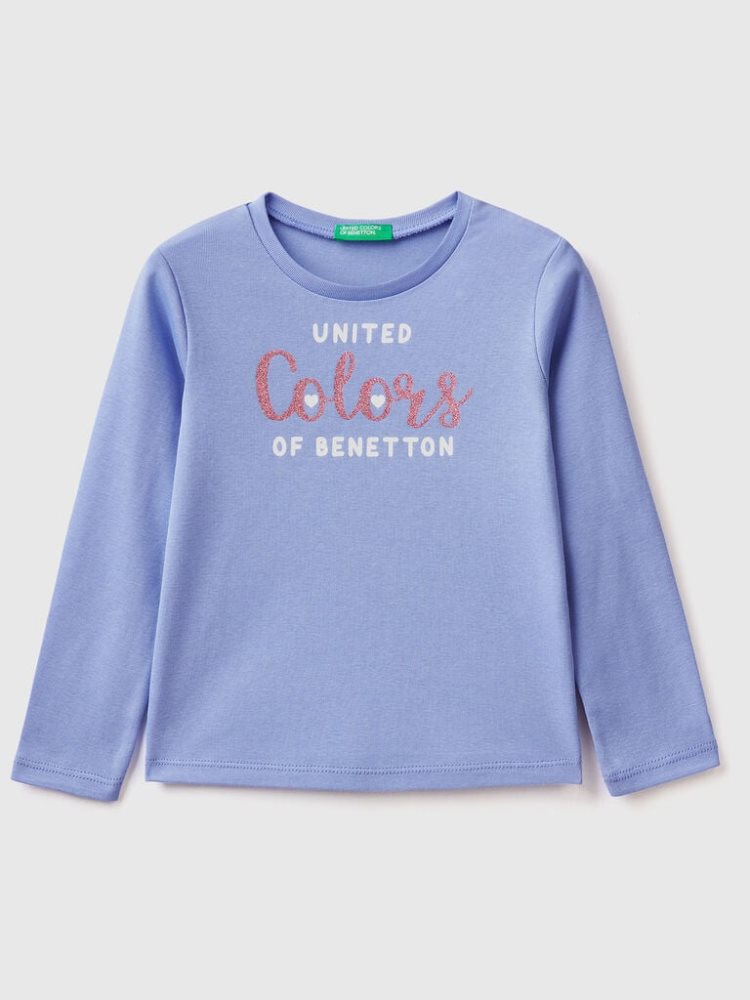 Benetton Long Sleeve Glitter Print T-shirts Kinderen Periwinkle | BE890930