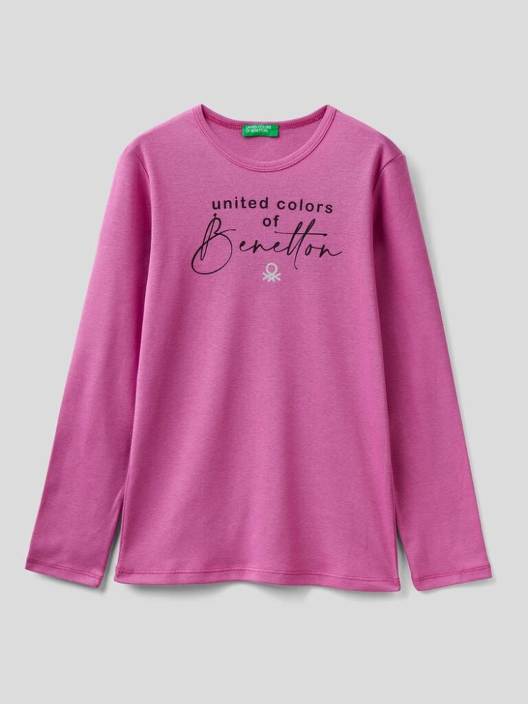 Benetton Long Sleeve Glitter Print T-shirts Kinderen Cyclamen | BE905175