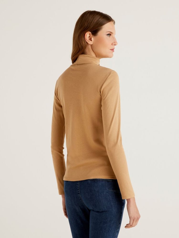 Benetton Long Sleeve High Neck T-shirts Dames Beige | BE269814