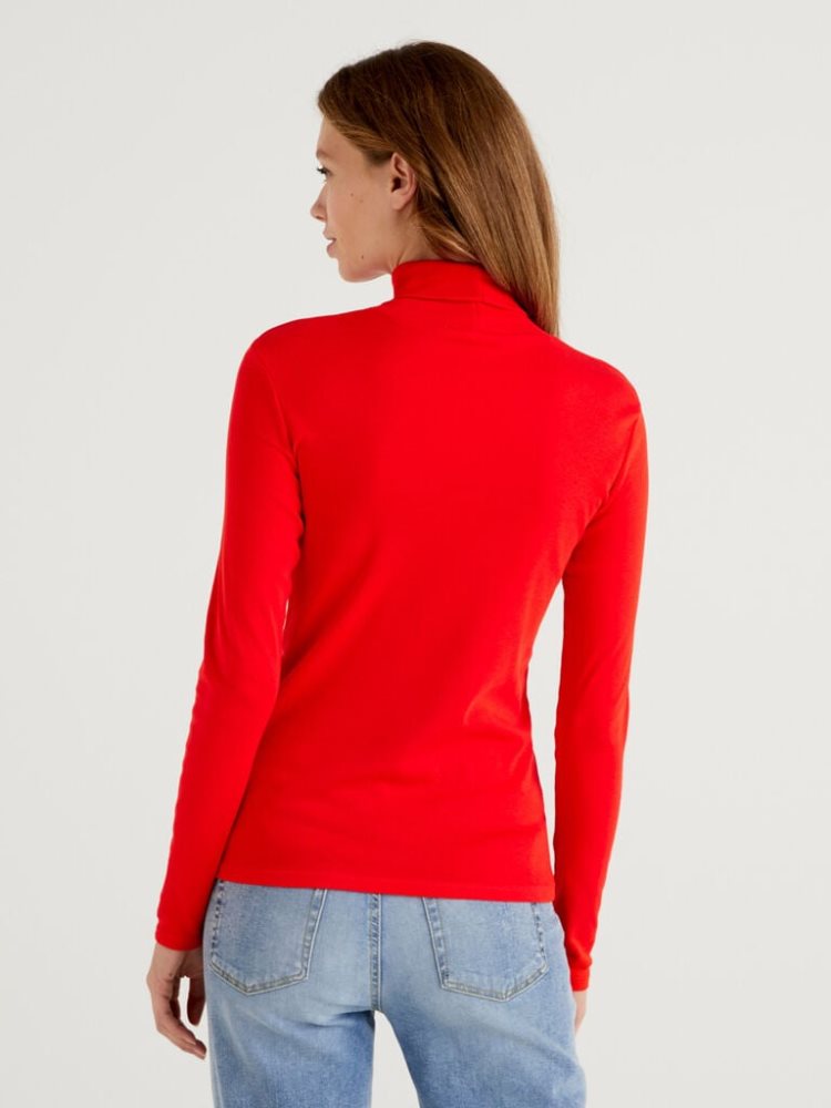 Benetton Long Sleeve High Neck T-shirts Dames Rood | BE302736